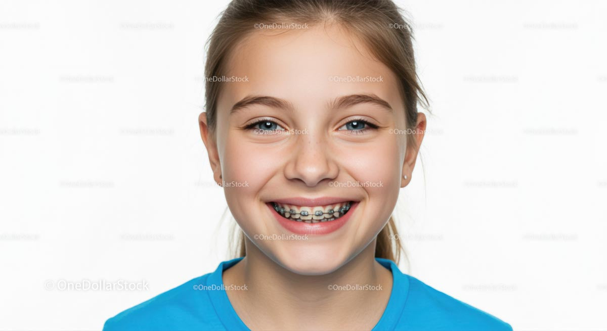 Smiling Girl with Braces in a Blue Shirt
