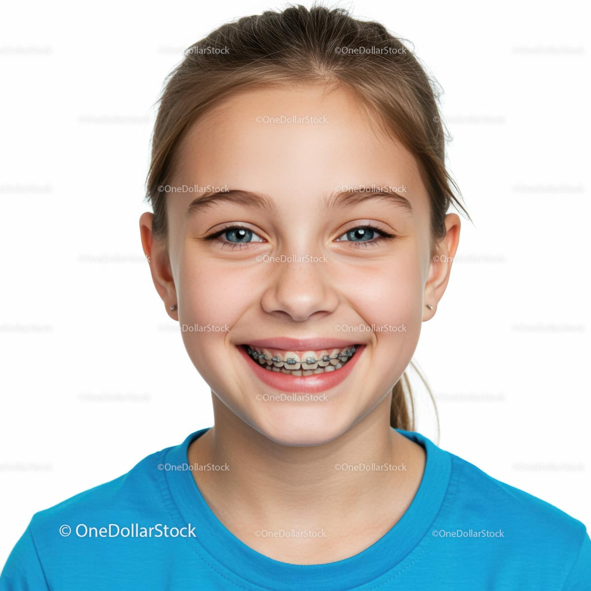 Smiling Teenager with Braces and Blue Eyes