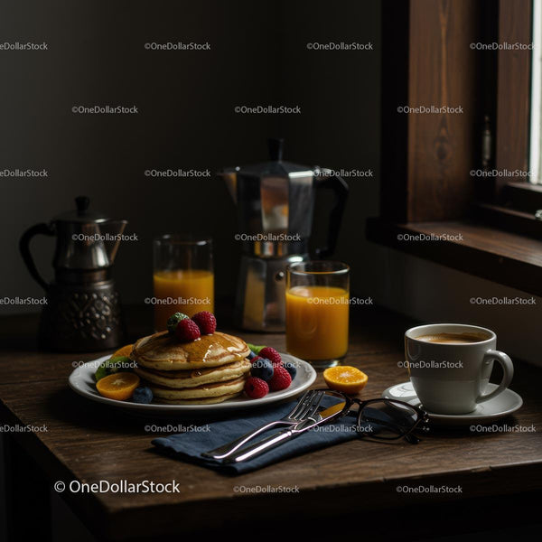 Pancake Breakfast with Coffee and Orange Juice