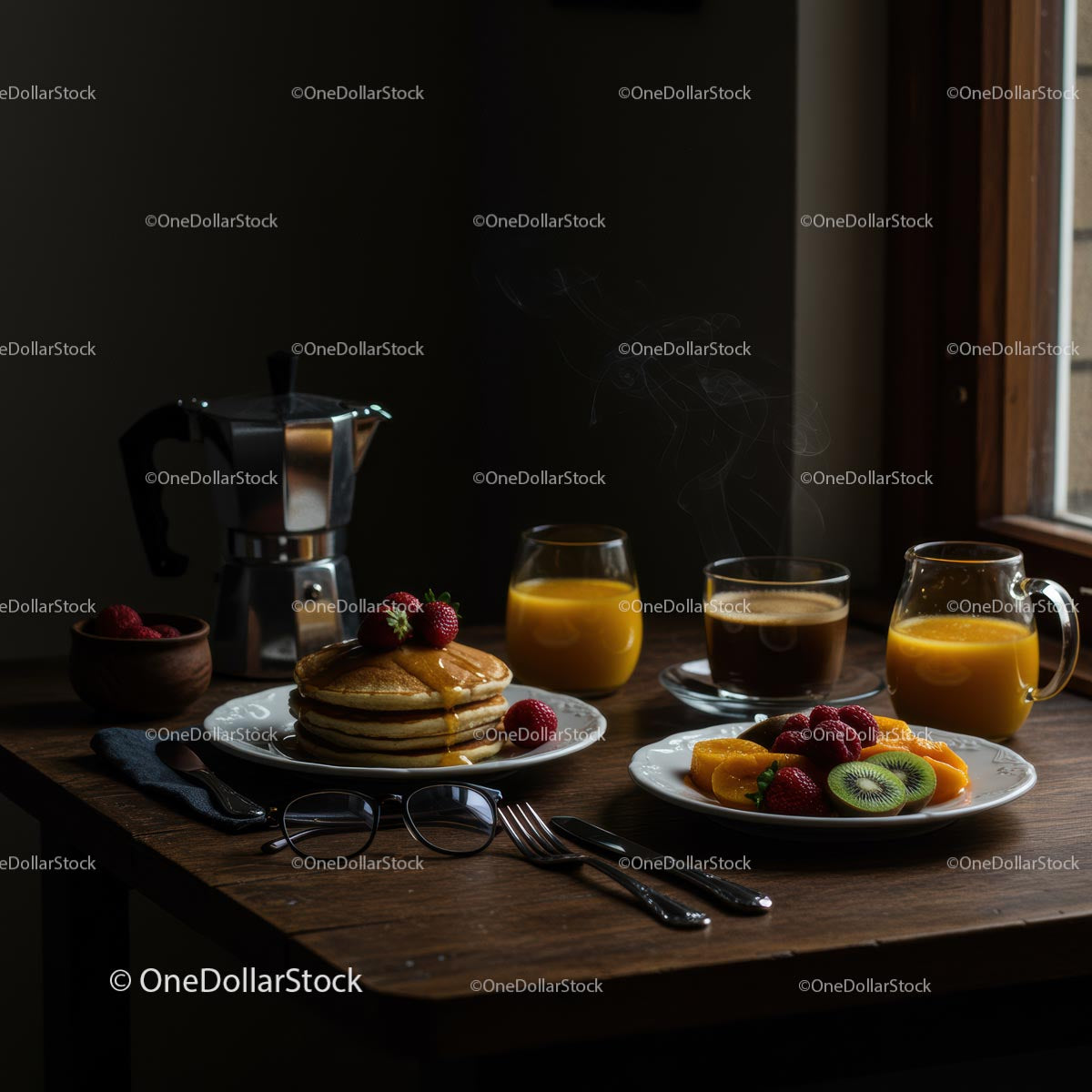 Rustic Breakfast with Pancakes and Fresh Fruit