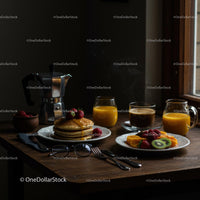 Rustic Breakfast with Pancakes and Fresh Fruit