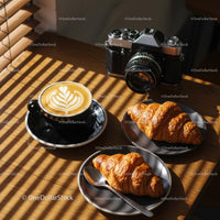 Delicious Croissants and Latte with Vintage Camera
