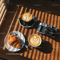 Morning Coffee with Croissant and Vintage Camera