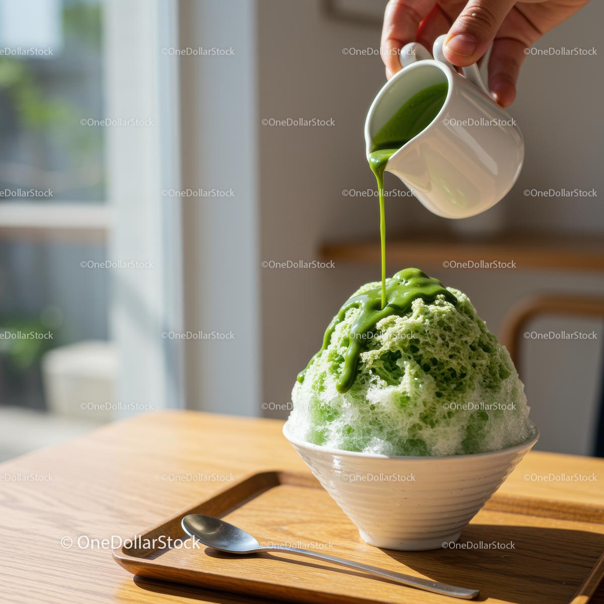 Shaved Ice Dessert with Green Tea Syrup in Sunlit Cafe