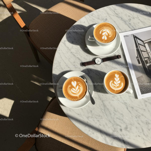 Sztuka Latte na Marmurowym Stoliku w Promieniach Słońca