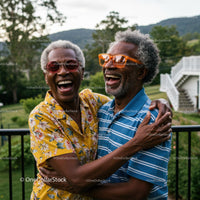 Joyful Senior Couple Laughing Outdoors in Summer Clothing