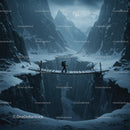Hiker Crossing Snowy Mountain Bridge in Winter