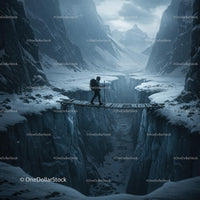 Adventurer Crossing Snowy Glacier on Wooden Bridge