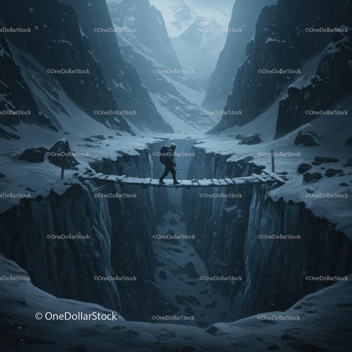 Climber Crossing Snowy Gorge on Wooden Bridge