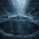 Climber Crossing Snowy Gorge on Wooden Bridge