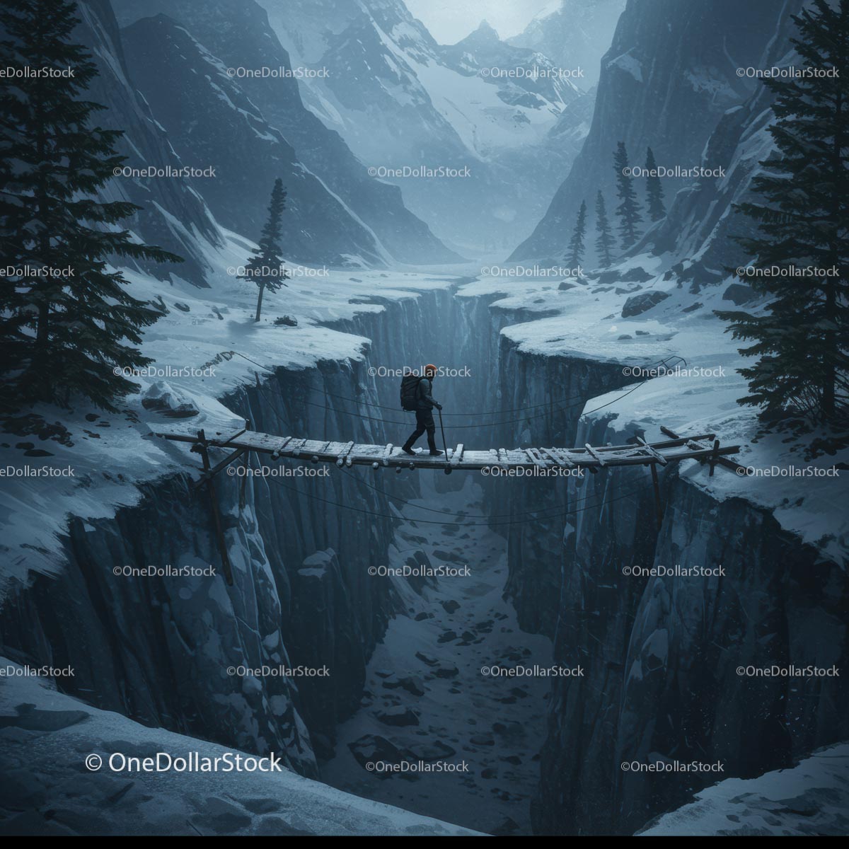 Hiker Walking on Snowy Bridge in Mountainous Ravine