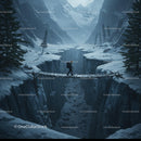 Hiker Walking on Snowy Bridge in Mountainous Ravine