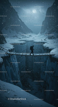 Hiker Crossing a Suspension Bridge Under a Moonlit Sky