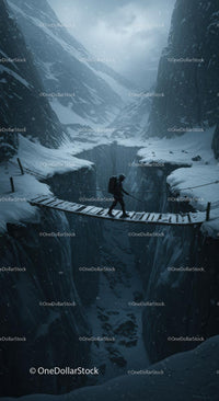 Hiker Crossing Suspension Bridge in Snowy Mountain Canyon