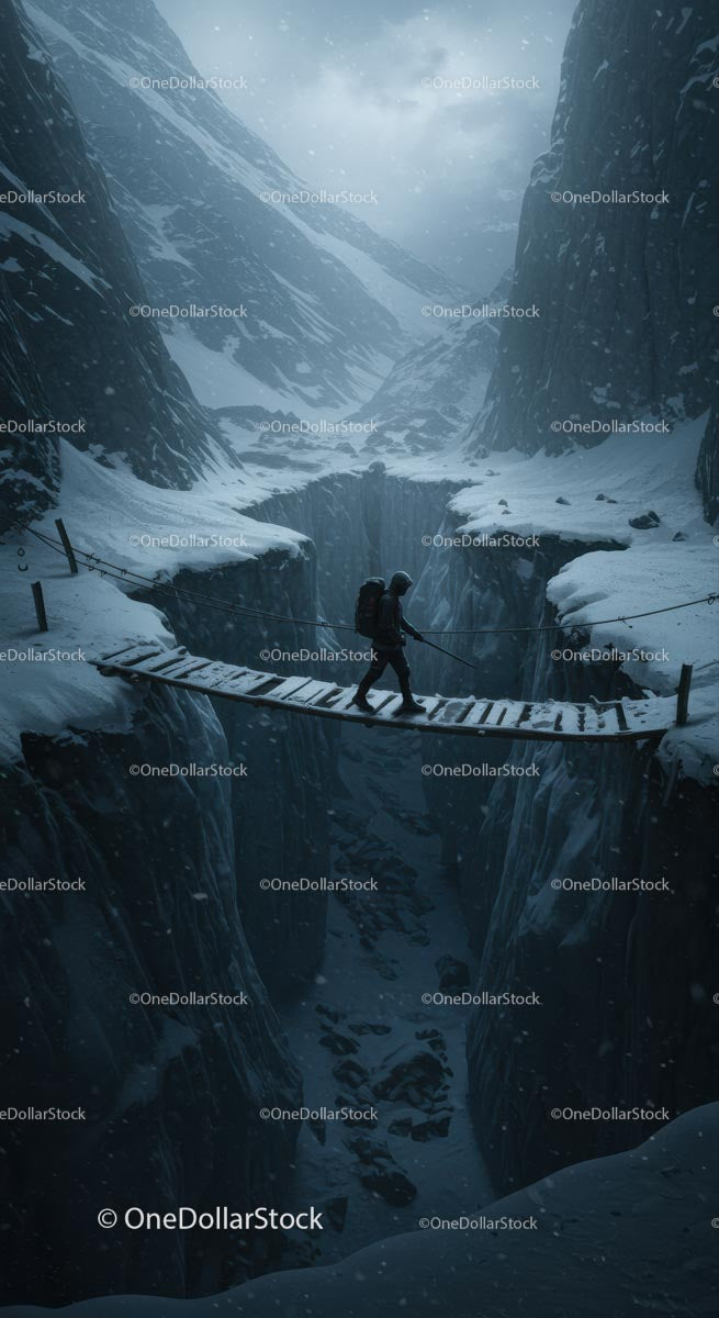 Hiker Crossing Suspension Bridge in Snowy Mountain Canyon