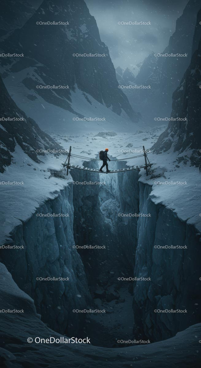 Daring Adventurer Crossing Snowy Mountain Crevasse
