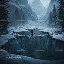 Adventurer Crossing a Suspension Bridge in Snowy Mountains