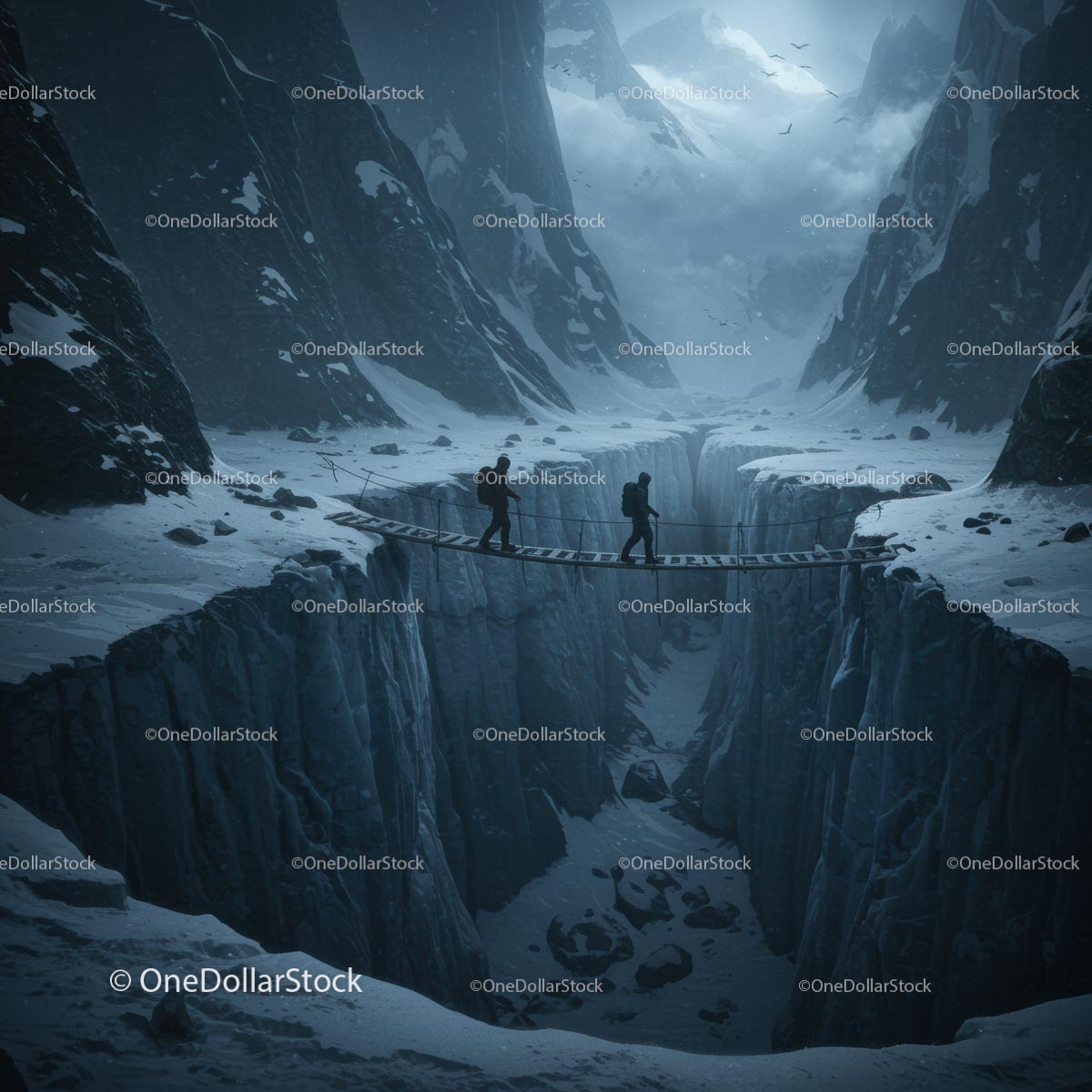 Adventurers Crossing a Precarious Snowy Mountain Bridge