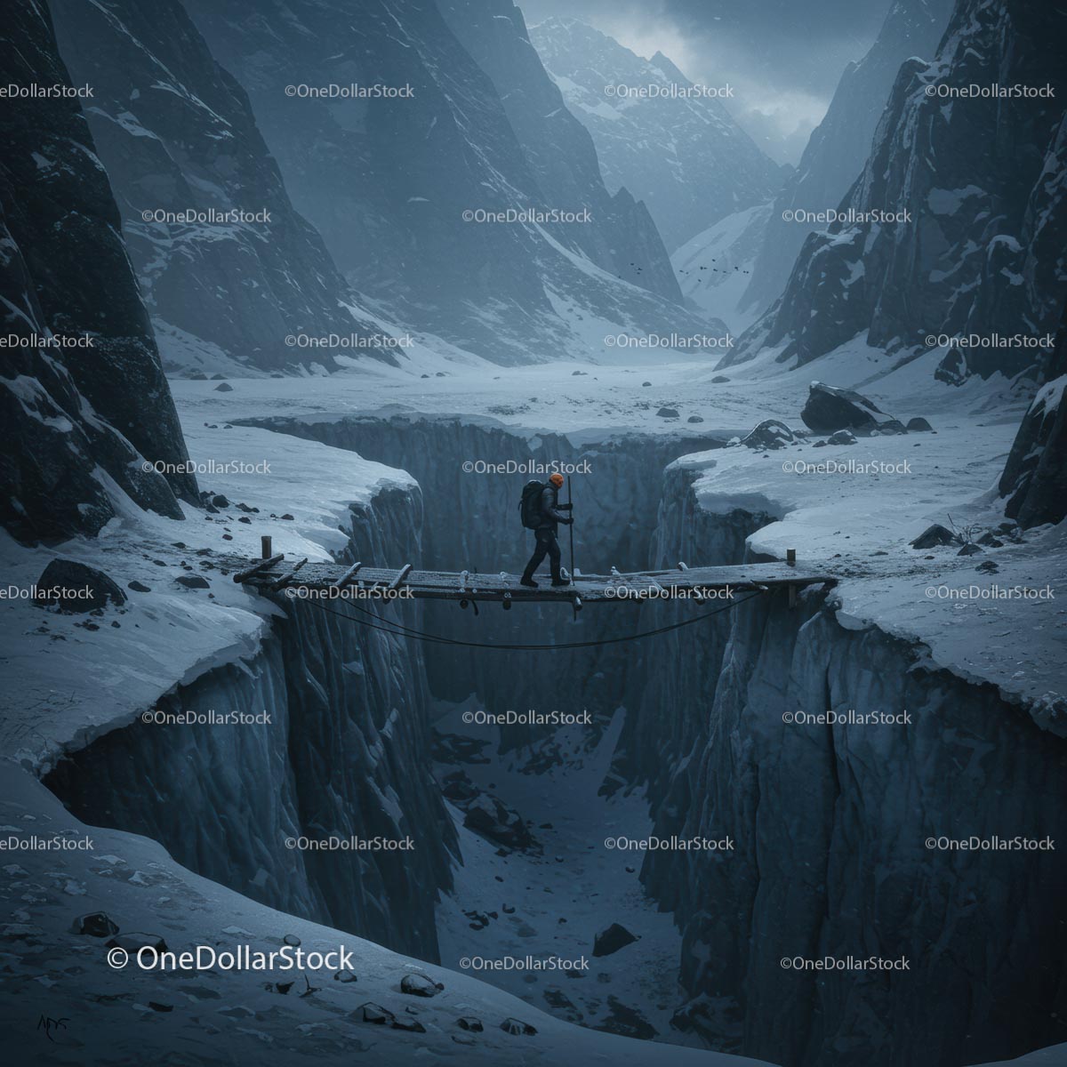 Samotny wędrowiec przechodzący przez most linowy w dolinie Snowy Mountain