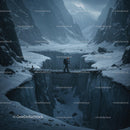 Solitary Hiker Crossing Rope Bridge in Snowy Mountain Valley