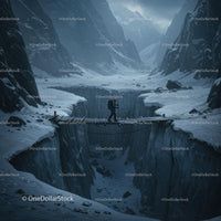 Solitary Hiker Crossing Rope Bridge in Snowy Mountain Valley