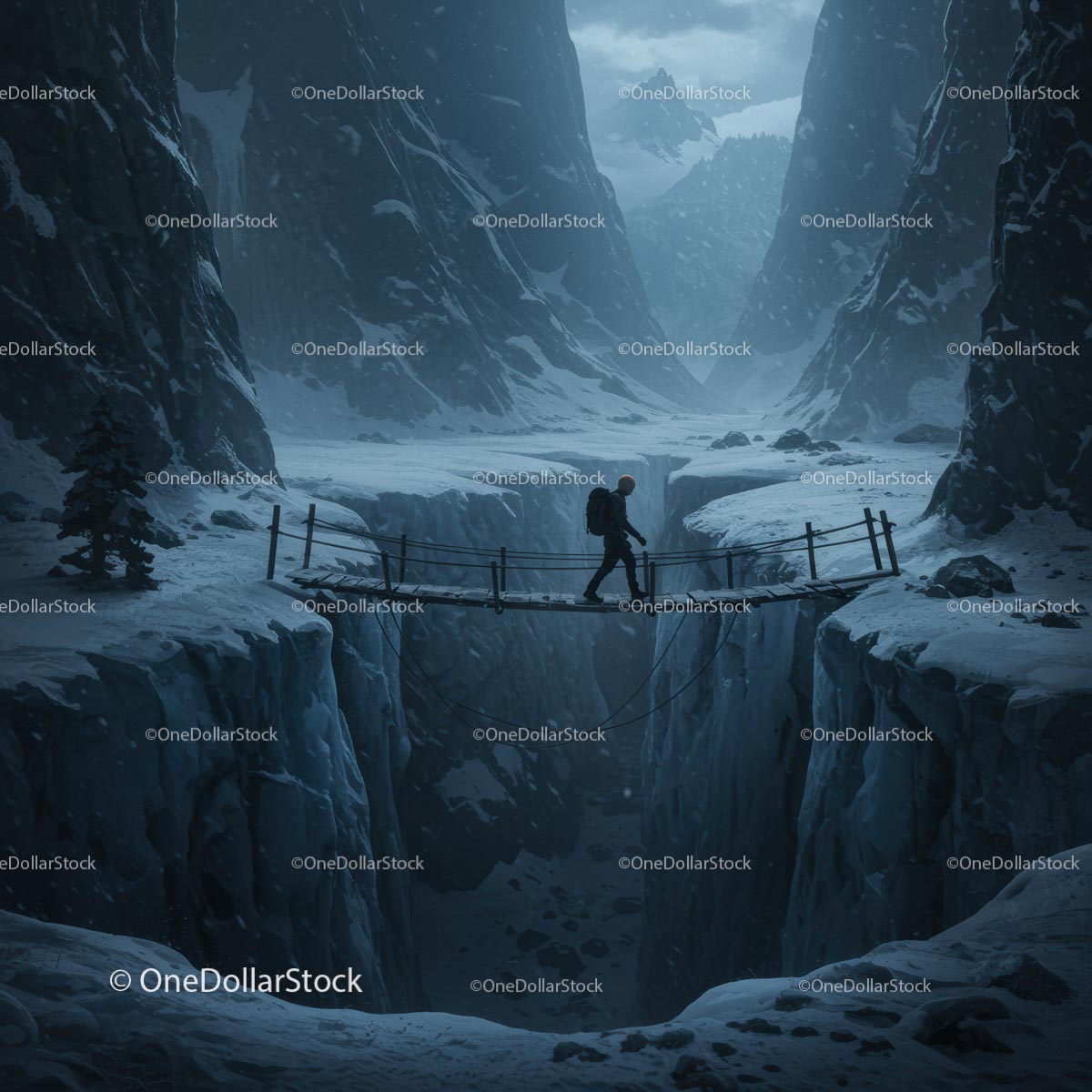 Adventurer Crossing Snowy Mountain Bridge