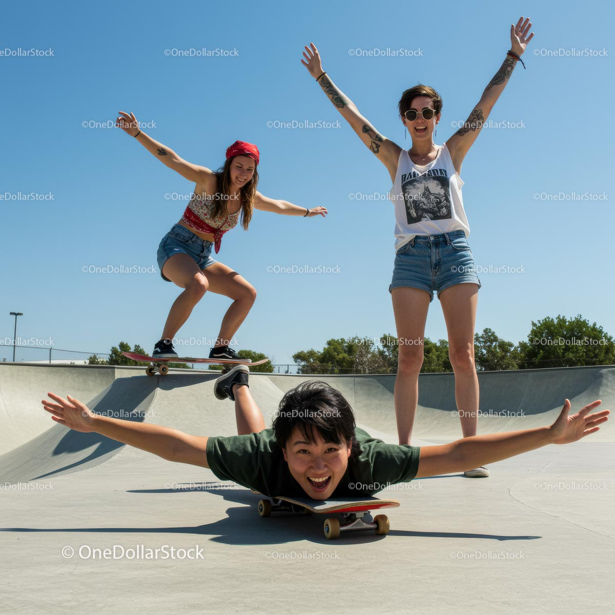 Joyful Skateboarding Friends at Sunny Skate Park