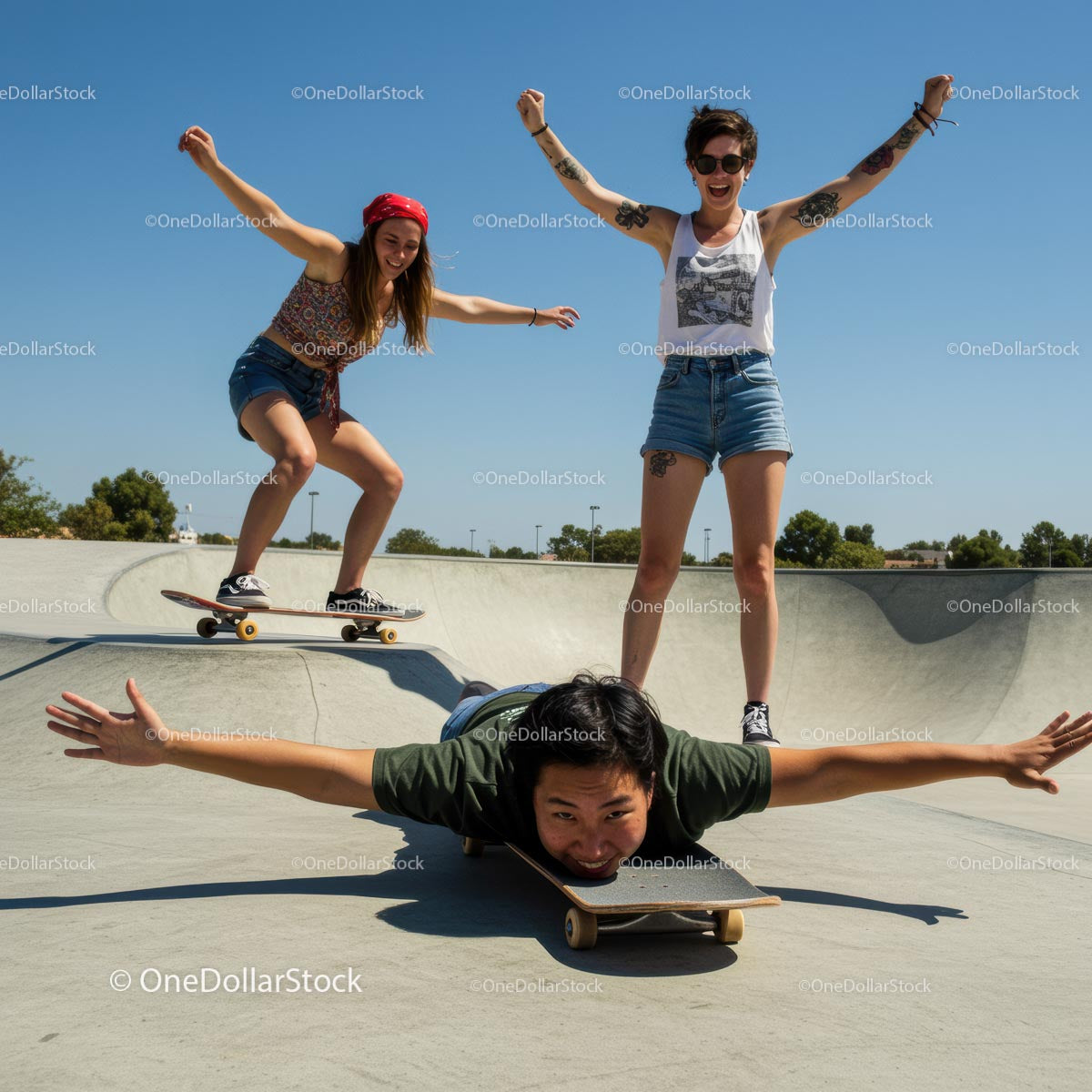 Energetic Teens Skateboarding at Sunny Skatepark