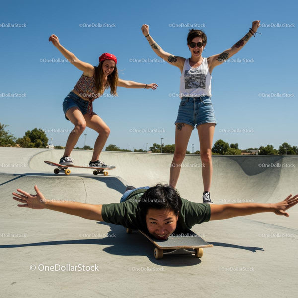 Energetic Teens Skateboarding at Sunny Skatepark