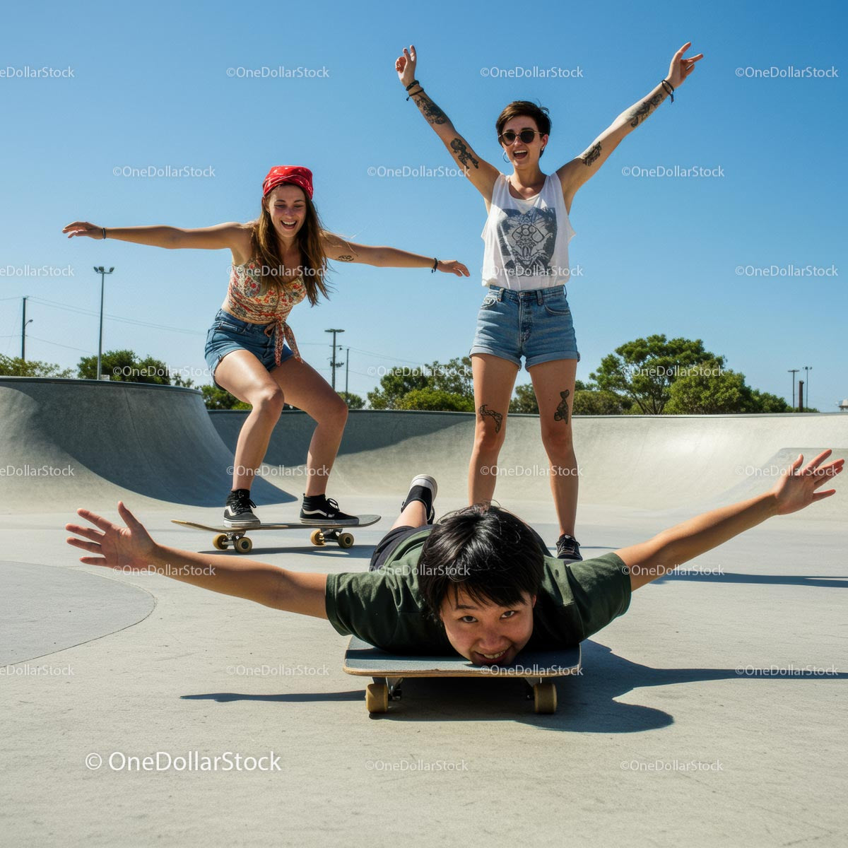 Friends Enjoying Skateboarding at Sunny Skatepark