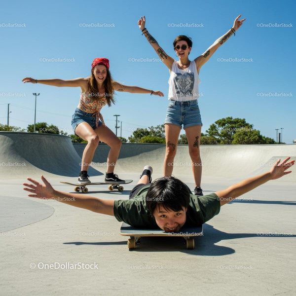 Friends Enjoying Skateboarding at Sunny Skatepark
