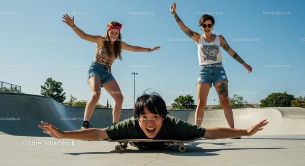Friends Having Fun at a Sunny Skatepark