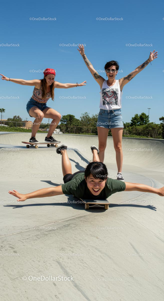 Group of Friends Enjoying Skateboarding in a Sunny Skatepark