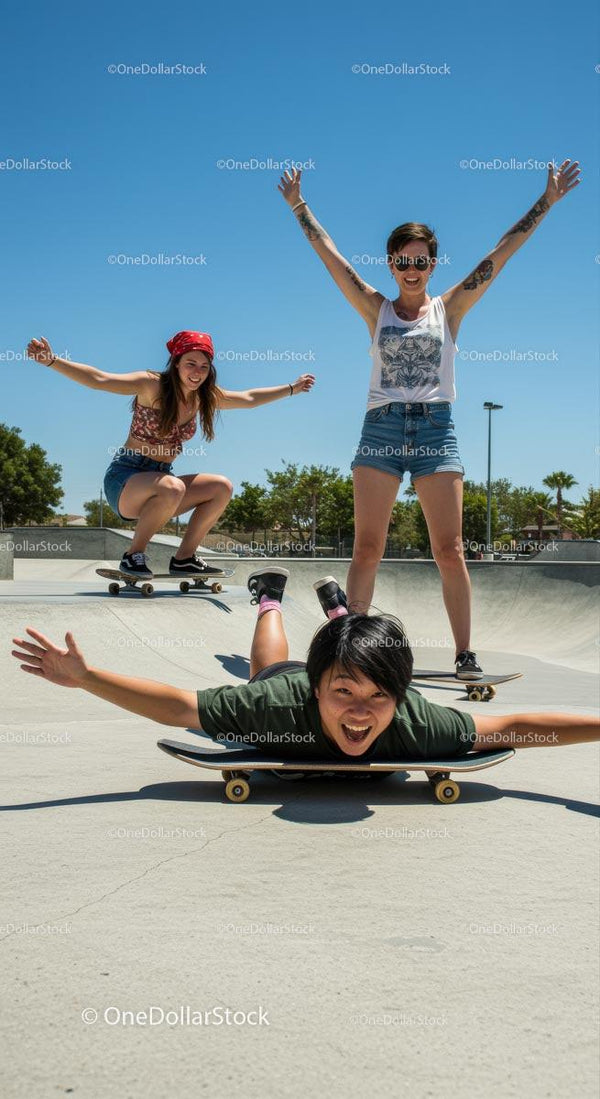 Group of Friends Enjoying Skateboarding Fun at Skate Park