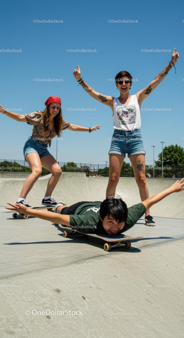 Friends Enjoying Skateboarding in the Park