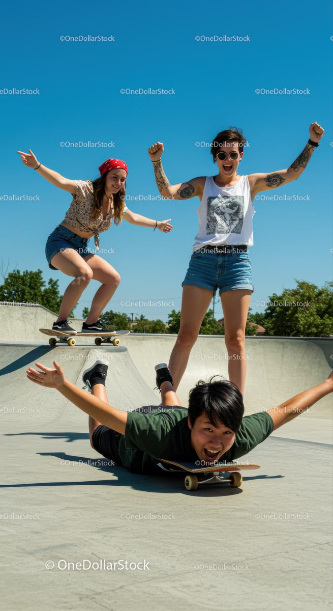 Przyjaciele jeżdżący na deskorolce w Sunny Skatepark
