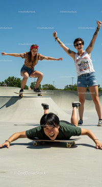Energetic Teens Skateboarding at Sunny Skatepark