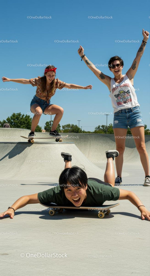 Energetic Teens Skateboarding at Sunny Skatepark