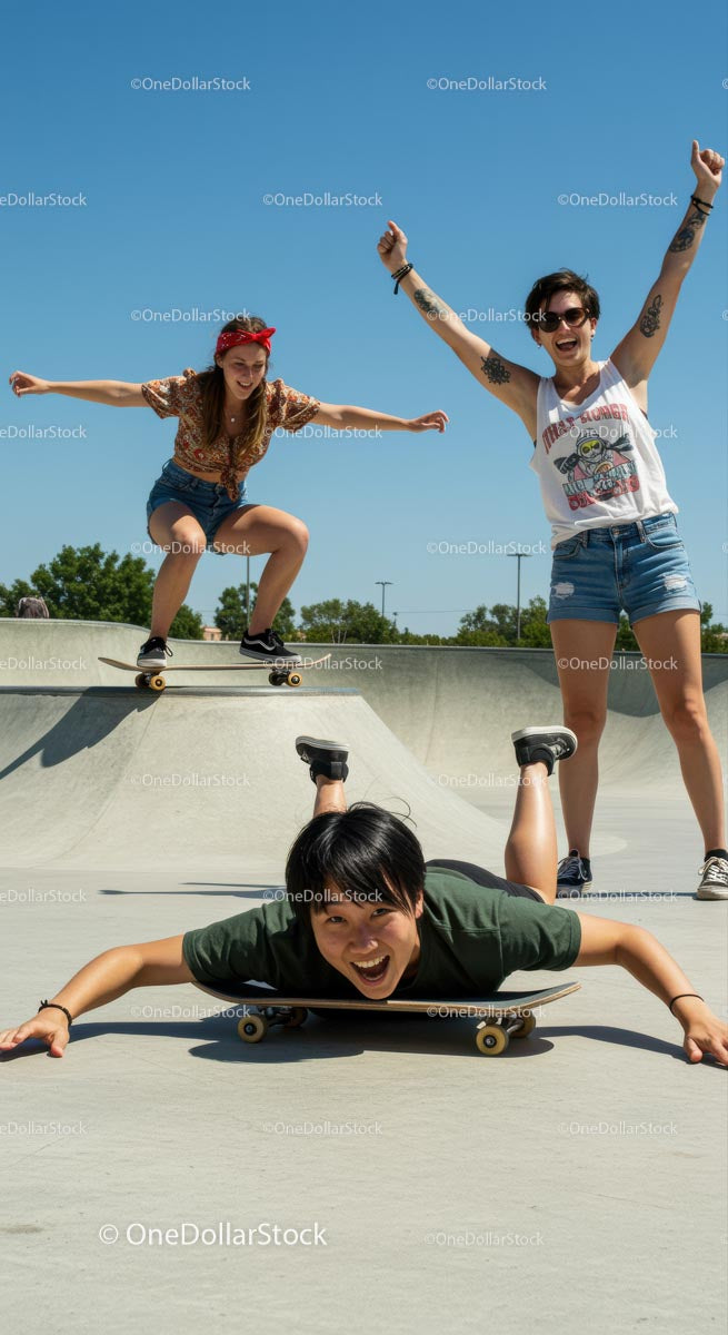 Energetic Teens Skateboarding at Sunny Skatepark