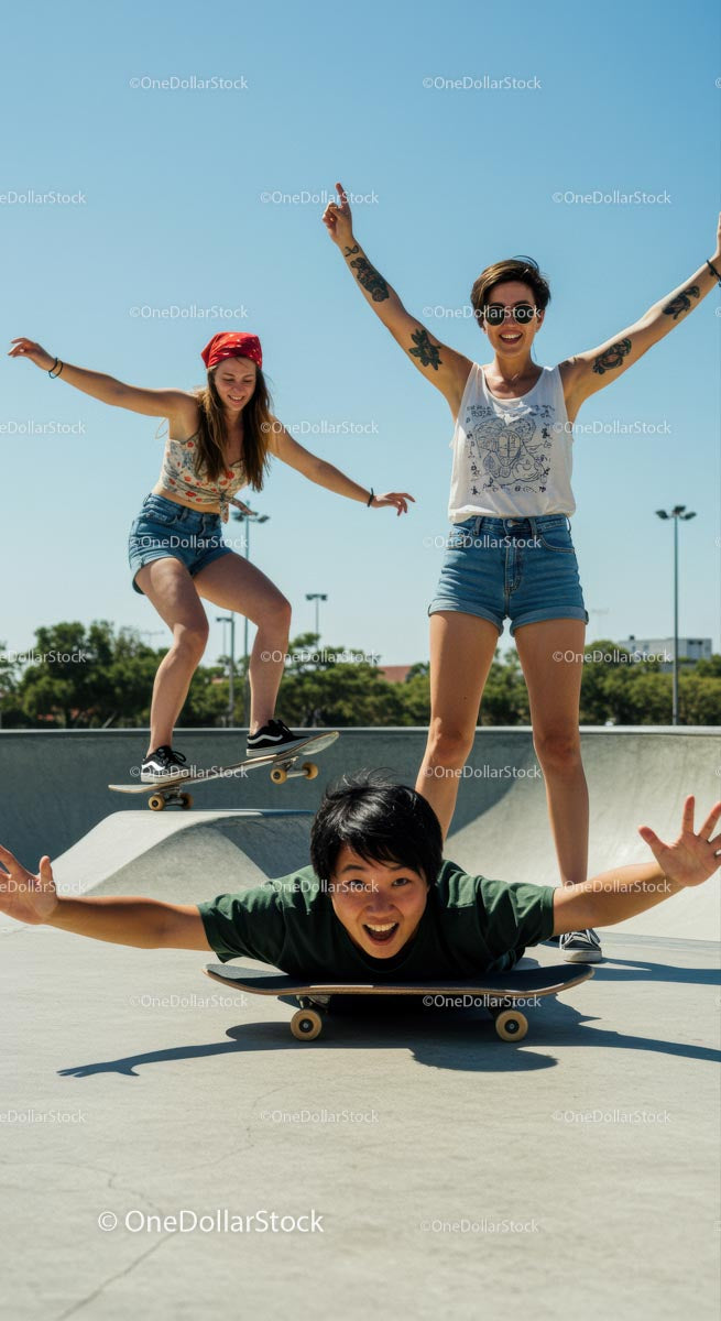 Group of Friends Enjoying Skateboarding in a Sunny Park