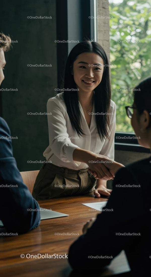 Young Professional Woman Shaking Hands at Business Meeting