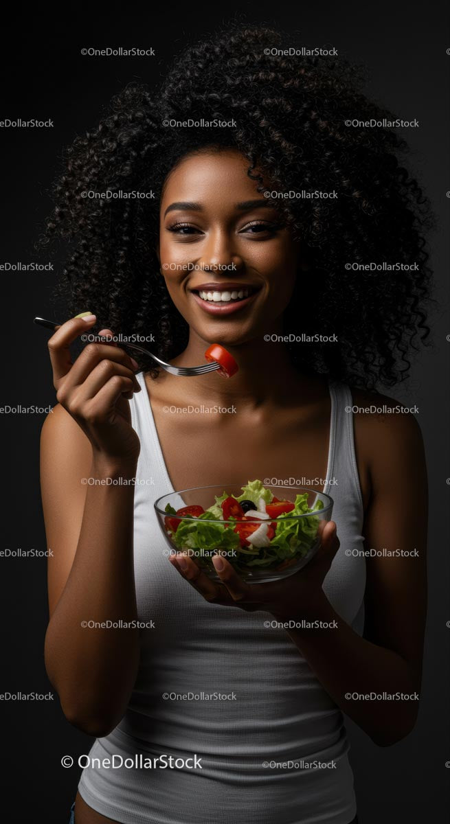 Woman Enjoying a Fresh Salad with a Smile