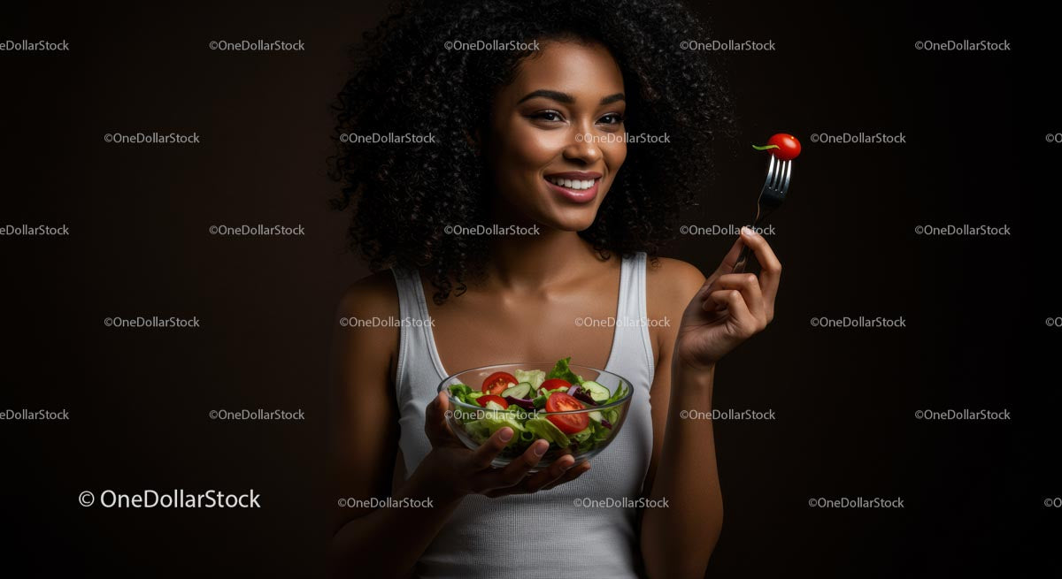 Smiling Woman Enjoying Fresh Salad with Cherry Tomatoes