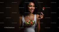 Smiling Woman Enjoying Fresh Salad with Cherry Tomatoes