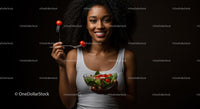 Smiling Woman Enjoying a Fresh Cherry Tomato Salad