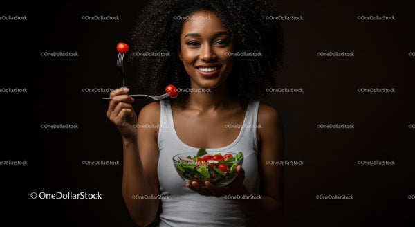 Smiling Woman Enjoying a Fresh Cherry Tomato Salad
