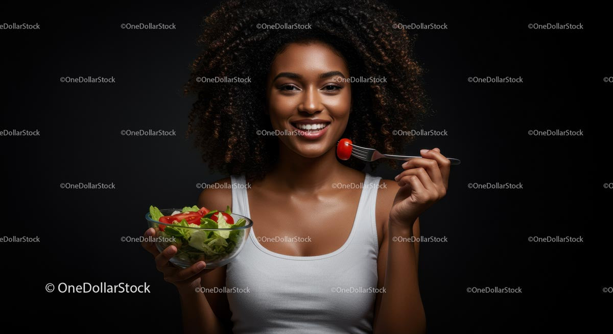 Smiling Woman Enjoying Fresh Salad with Cherry Tomatoes