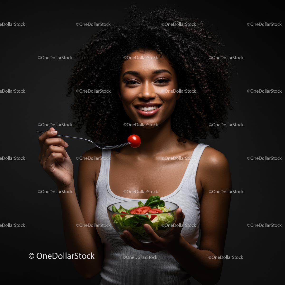 Smiling Woman Enjoying Fresh Salad with Cherry Tomato