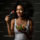 Smiling Woman Enjoying Fresh Salad with Cherry Tomatoes