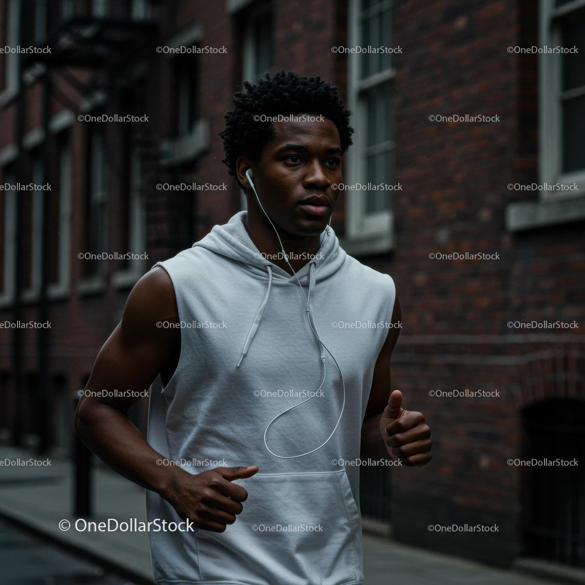 Focused Young Man Running Through City Streets